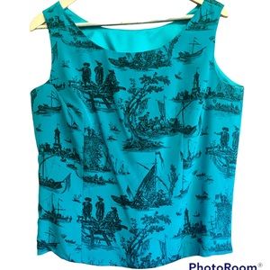 VINTAGE ANN MAY 100% silk turquoise nautical tulle print top
